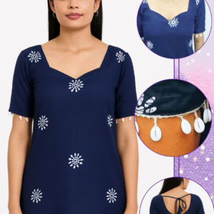 Navy Blue Cotton Kurti with Shell Lace & Back Tie