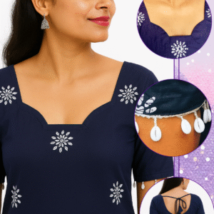 Navy Blue Cotton Kurti with Embroidered Motifs & Notch Neck