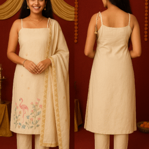 Elegant Beige Cambric Cotton Embroidered Suit