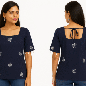 Navy Blue Cotton Kurti with Square Neck