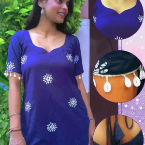 blue-3Blue Cotton Kurti with Sweetheart Neck & Shell Tassel Sleeves